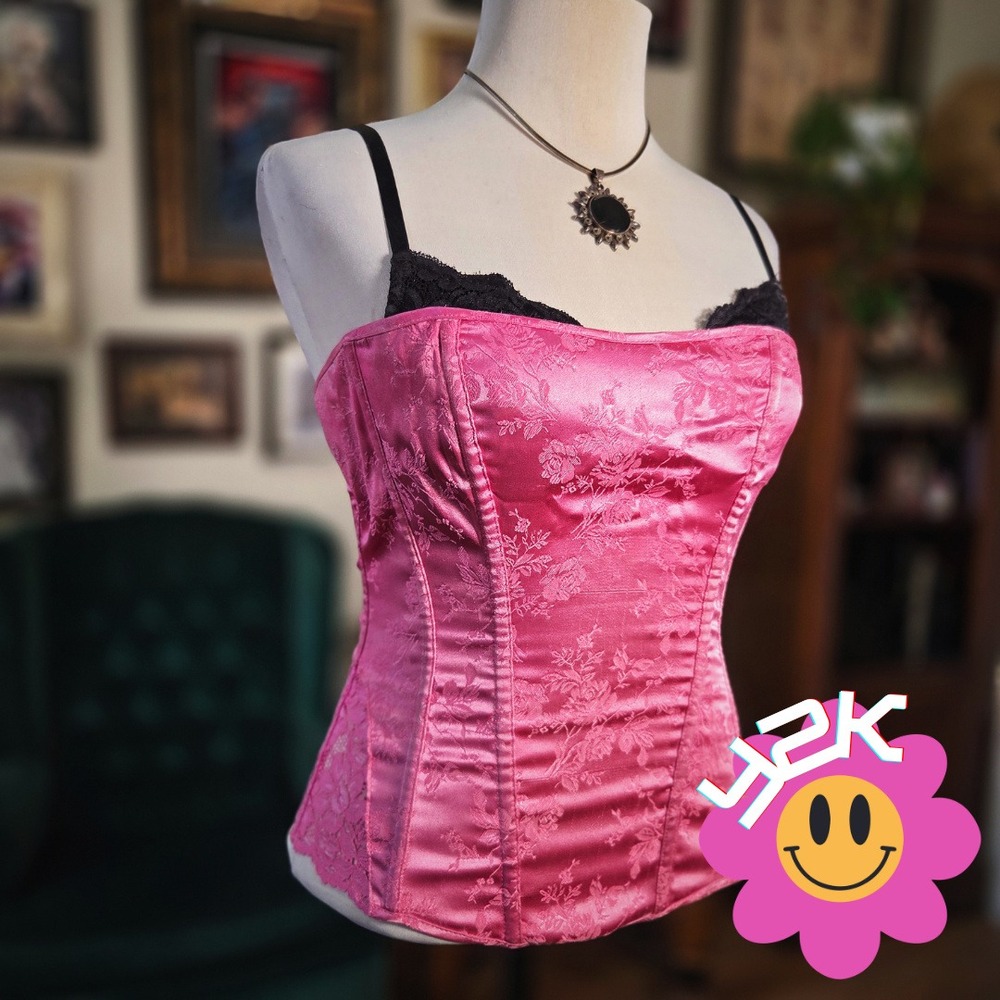 Blue Martini Corset Top Vintage Y2K Pink Floral Jacquard Lace Up Bustier 30B